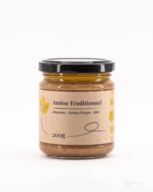 Pot artisanal de 250g d’Amlou aux amandes, préparé avec huile d’argan et miel pur.