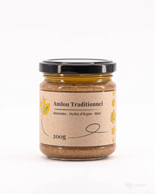 Pot artisanal de 250g d’Amlou aux amandes, préparé avec huile d’argan et miel pur.