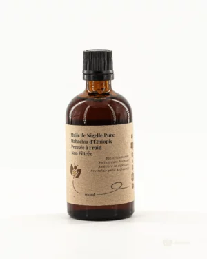 Flacon d’huile de nigelle Habachia d’Éthiopie, non filtrée, disponible en 50 ml et 100 ml